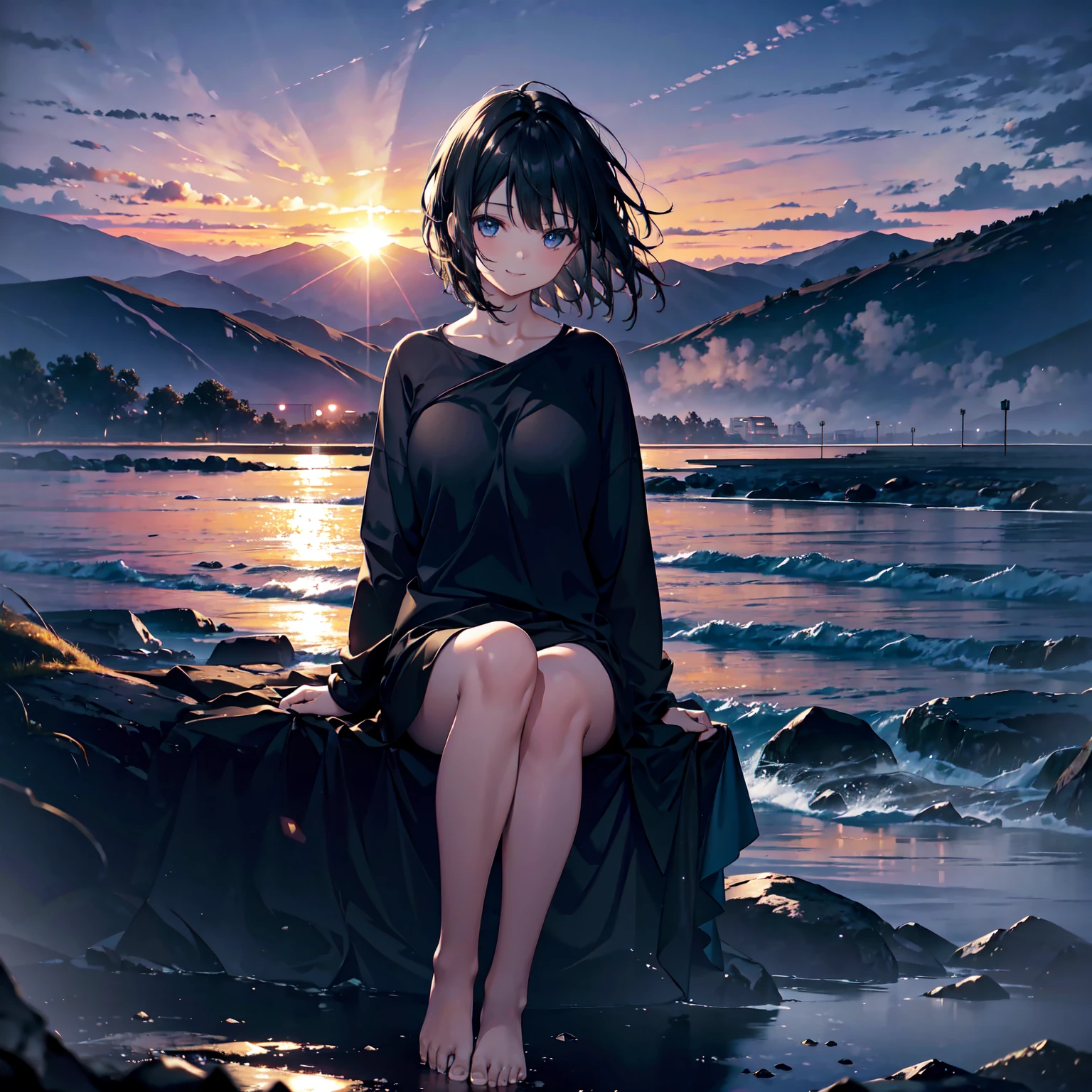 (Dark Scene, Soft lighting, High saturation):1.4, Vivid lighting, Enchanting elegance, Atmospheric Depth, Great technology, Naturalistic representation, Harmonious composition, Creative refinement, Striking contrast,
(One beautiful girl), Sitting, smile, barefoot, Short black hair
((sunset)),Volumetric Fog, Outdoor, Backlight