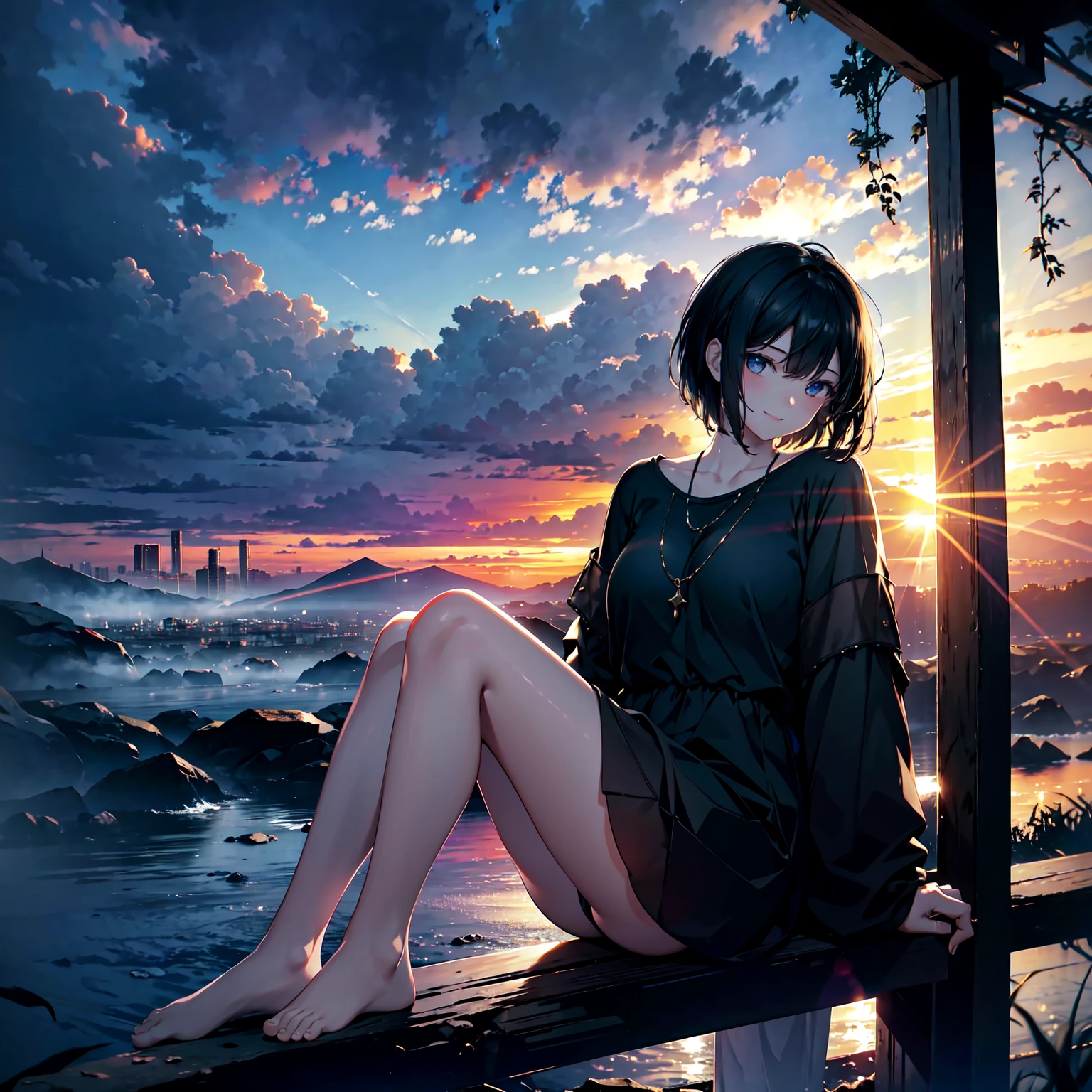 (Dark Scene, Soft lighting, High saturation):1.4, Vivid lighting, Enchanting elegance, Atmospheric Depth, Great technology, Naturalistic representation, Harmonious composition, Creative refinement, Striking contrast,
(One beautiful girl), Sitting, smile, barefoot, Short black hair
((sunset)),Volumetric Fog, Outdoor, Backlight