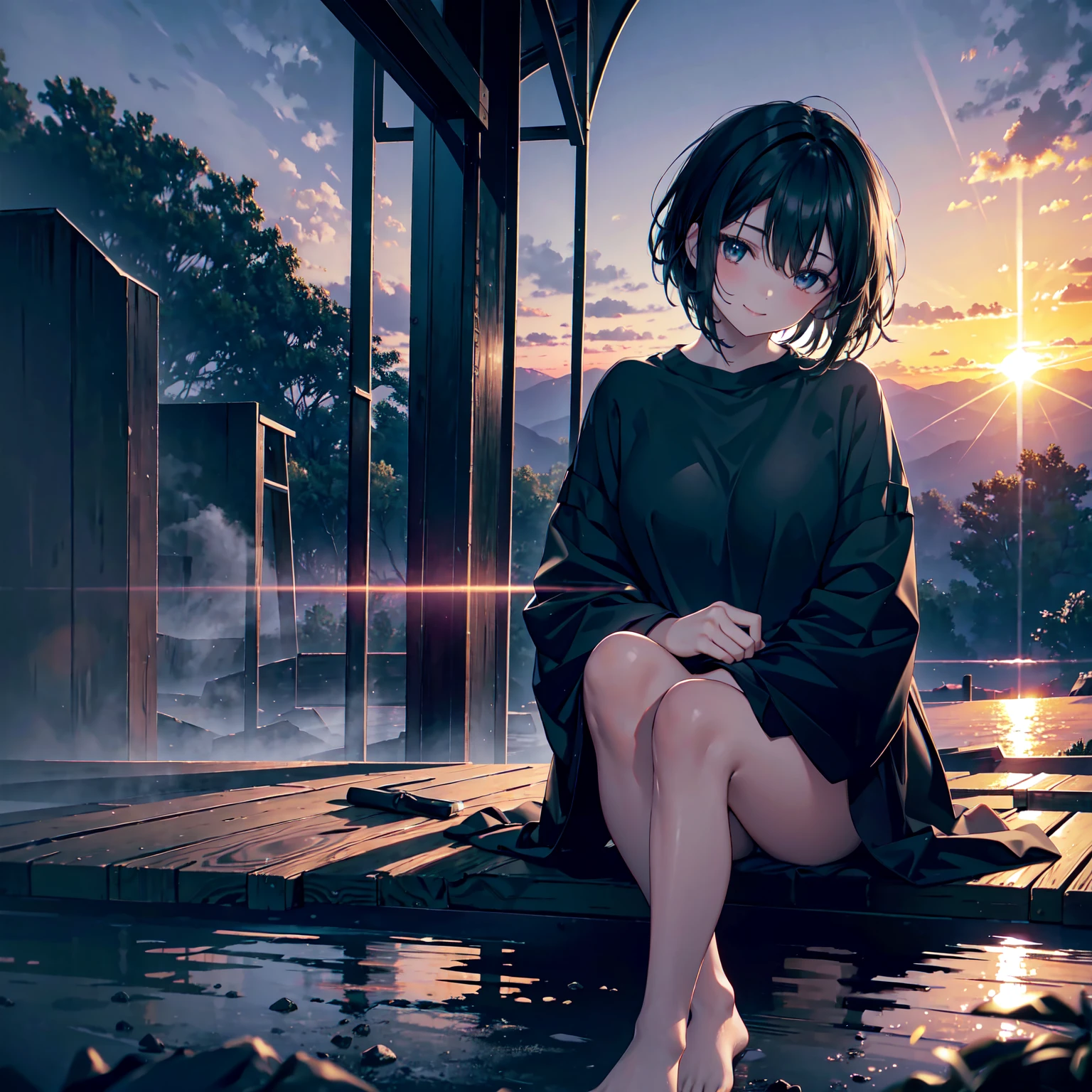(Dark Scene, Soft lighting, High saturation):1.4, Vivid lighting, Enchanting elegance, Atmospheric Depth, Great technology, Naturalistic representation, Harmonious composition, Creative refinement, Striking contrast,
(One beautiful girl), Sitting, smile, barefoot, Short black hair
((sunset)),Volumetric Fog, Outdoor, Backlight