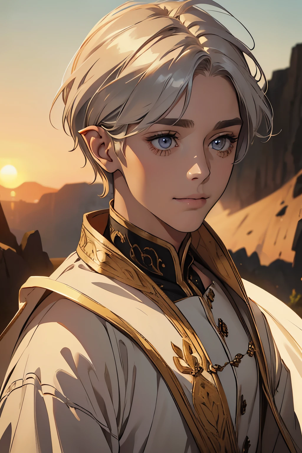 a  boy, short blonde hair, silver eyes, half elf, half elf ears, innocent smile, white tunic with golden details, sunrise background, detailed face, extremely detailed eyes and face, expressive portrait, realistic, detailed clothing, natural lighting, intricate details, vibrant colors, cinematic composition, masterpiece, high quality, 8k, photorealistic 