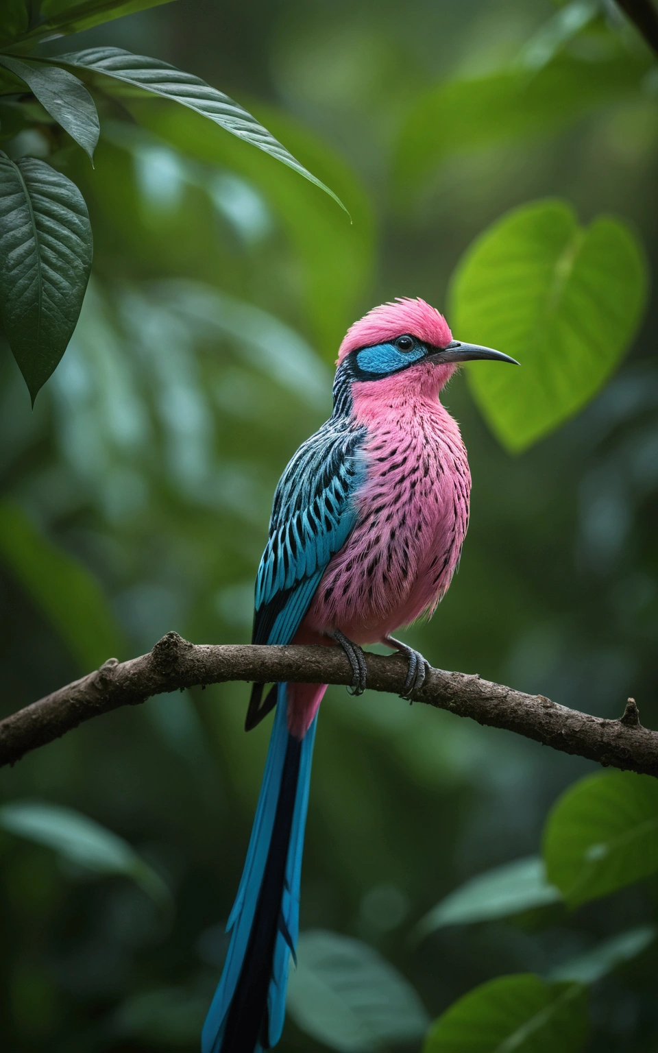 there is a large pink, blue, mottled striped bird in a beautiful landscape with tail, rare bird in the jungle, long tail, very beautiful and elegant, beautiful and elegant, long and elegant tail, captured in canon eos r 6, long tail, beautiful and graceful, long tails, by Sudip Roy, mischievous look, sitting on a curly branch, high-quality nature photography