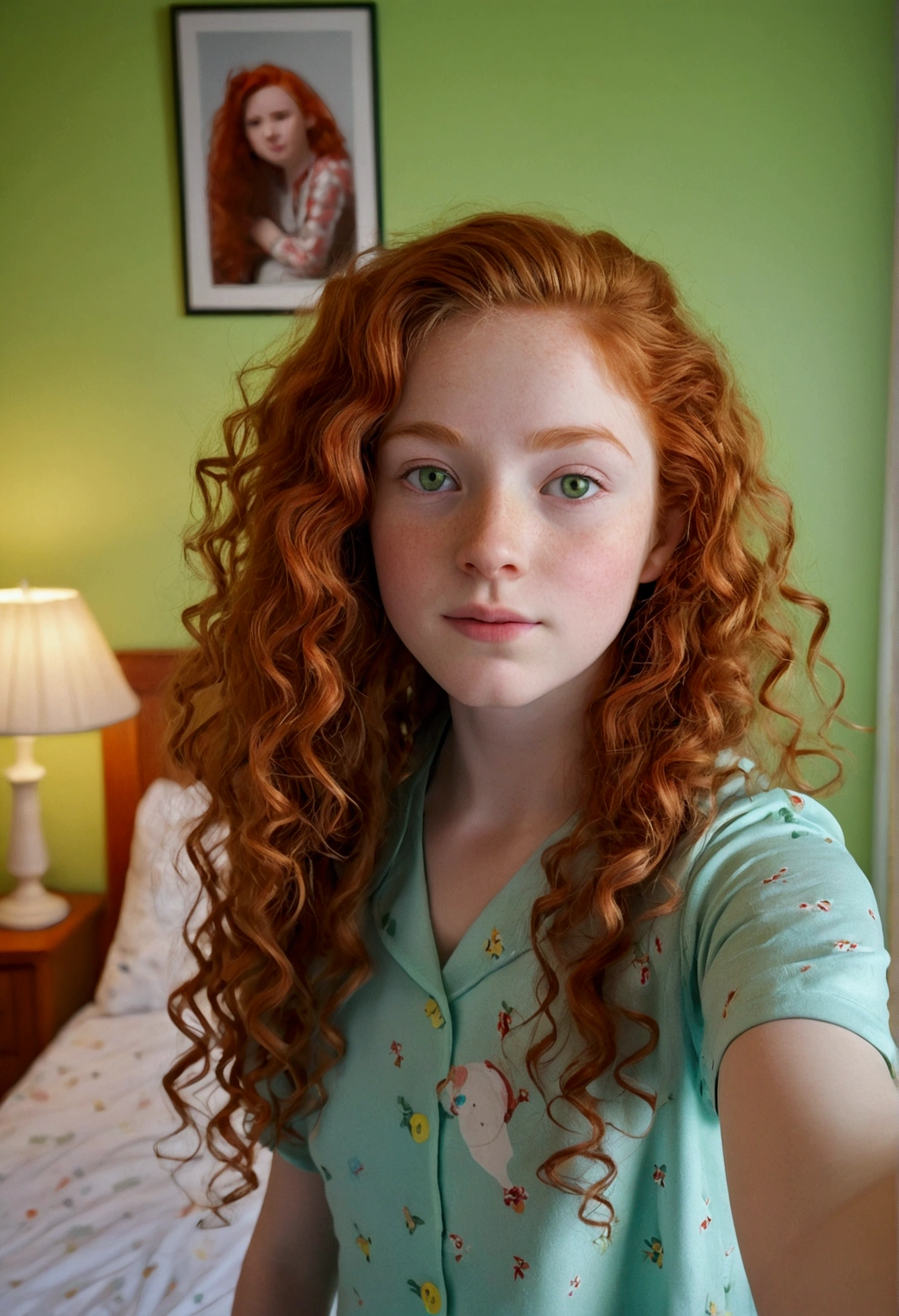 A red-haired girl, , pale white skin, green eyes, very long curly hair, round face, small upturned nose, Small ears, athletic body, Wide hips, with pajamas, in a bedroom, with children&#39;s decorations, taking a selfie, sad smile, upset, hyperrealism, Ray Tracing, NIKON, 16k, best quality, award winning, high details, super detail, textured skin, anatomically correct, masterpiece