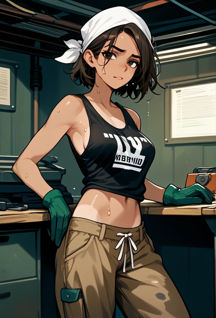 ((topless)), nsfw, masterpiece, 1 girl, erect nipples, intricately detailed, navel, bare shoulders, black hair, hard hat, construction site, towel on neck, wiping sweat, baggy pants, cargo pants, extremely detailed, bare breasts, puffy nipples, blueeyes, bare stomach, sweaty, medium breasts, arm strap, cowboy shot, holding sledgehammer, mature, chain, soft eyes, smiling, day, belt, rubble