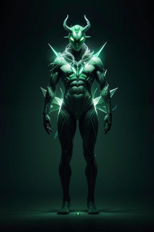 1 be 100% alien seen full body, almost no human features, high, 4-legged and 4-legged, three fingers on the hands, with a smooth mask on his head, which has 3 front hexagons placed in a triangular shape with 2 somewhat rounded green horns, surrounded by a green aura,almost all of his body green