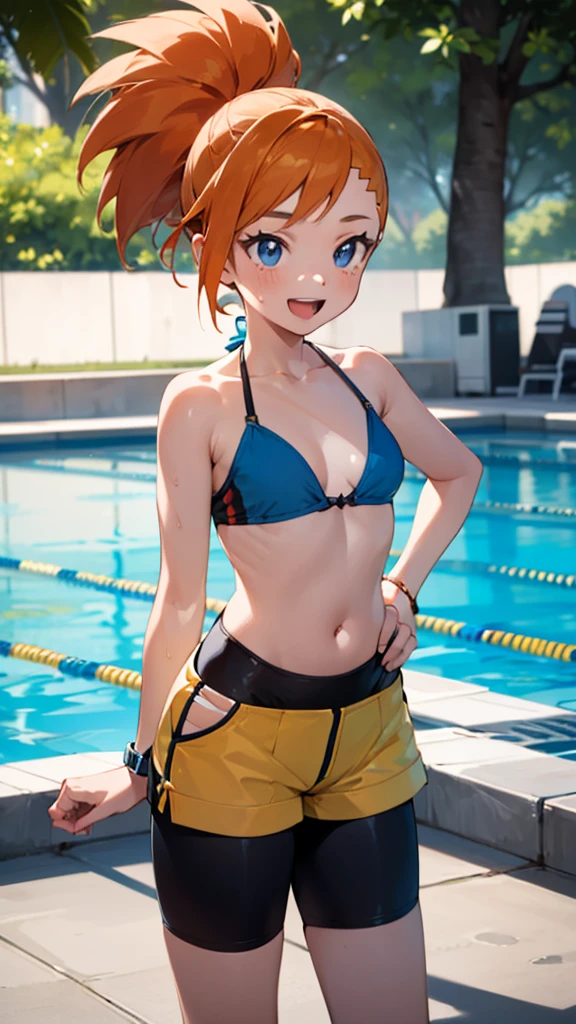 1 girl, masterpiece, best quality, highres, ro1, Misty from pokemon, hair bun, blue eyes, bikini top, blue bicycle shorts, small ponytail on the side, wristwatch, standing, hand on hip, smile, open mouth, (sparkle:1.1), orange hair, medium breasts, 3/4 body view, outdoors, swimming pool