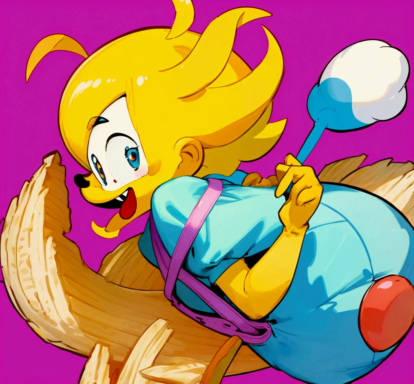 Create a cartoon-style character that is an anthropomorphic bag of french fries. The character should have a friendly, childlike appearance, similar to characters from children's animated shows. he main body should be a colorful, slightly puffed-up bag of french fries