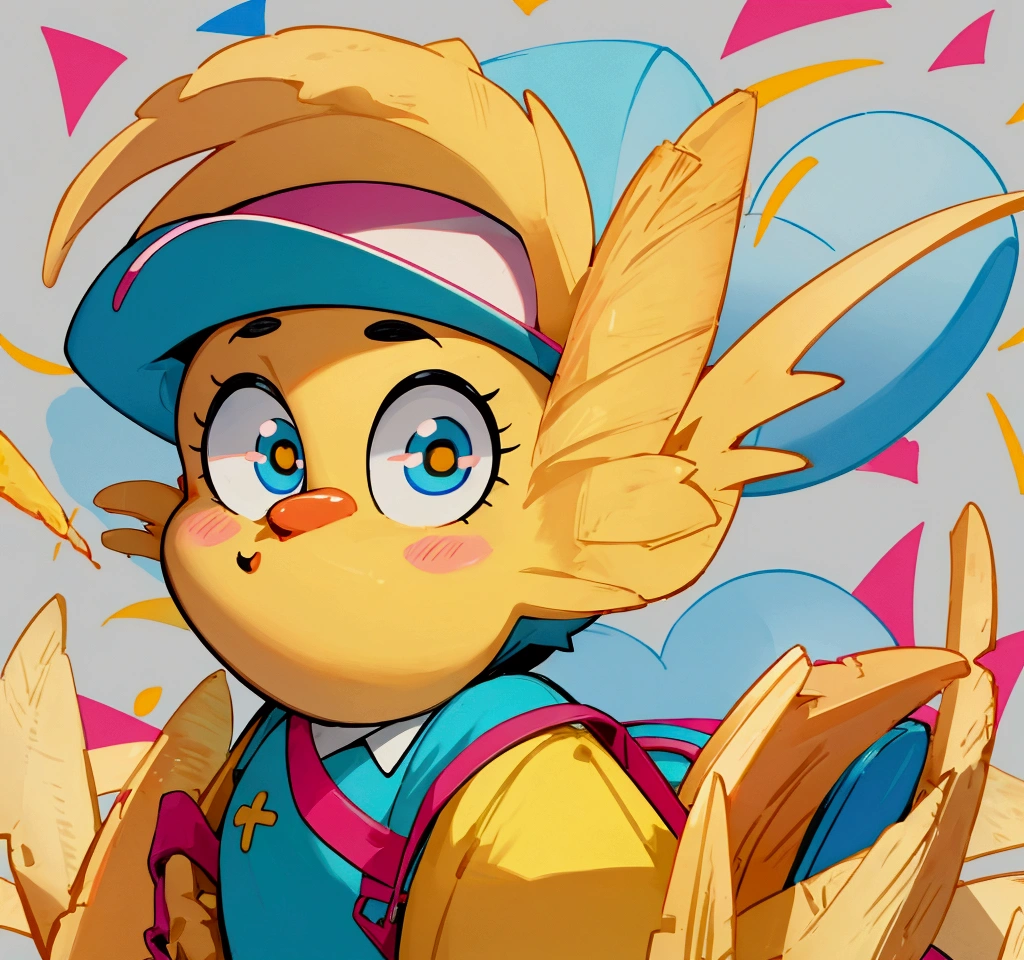 Create a cartoon-style character that is an anthropomorphic bag of french fries. The character should have a friendly, childlike appearance, similar to characters from children's animated shows. he main body should be a colorful, slightly puffed-up bag of french fries