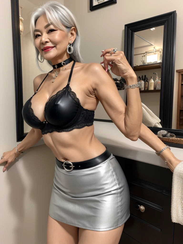60 years old　mom　milf　Korean, Lady　large earring　Big choker　navel piercing decoration　A bracelet　Silver Hair　realisitic　Gorgeous Madame Beautiful Mature Woman　sexly　Smile　Gentle woman navel piercing　４K　High quality fish shop　bra shop  　sale      Black leather pencil skirt      Keopatra 
