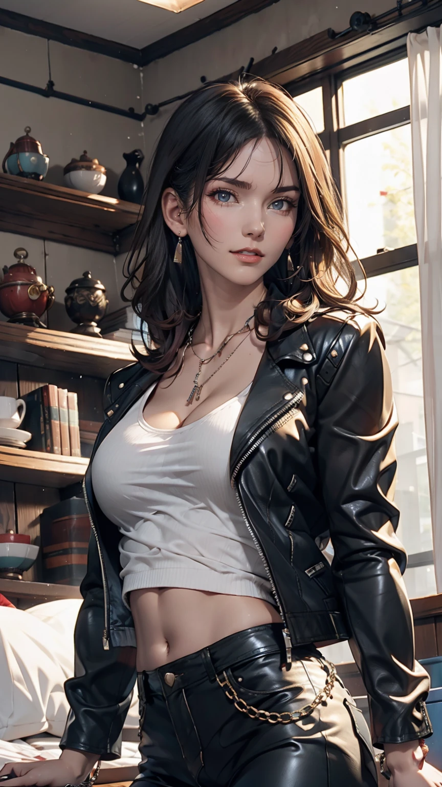 mouth, One girl, alone, In a messy room, guitar, 、Spiked Collar、24 year old Caucasian female、Sexy proportions、Punk rock fashion、Black Shirt、Leather jacket、Leather leggings、Flashy makeup、long hair、rosary necklace、rosary earrings、Put a spiked bracelet on your wrist