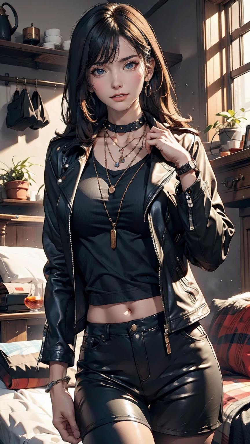 mouth, One girl, alone, In a messy room, guitar, 、Spiked Collar、24 year old Caucasian female、Sexy proportions、Punk rock fashion、Black Shirt、Leather jacket、Leather leggings、Flashy makeup、long hair、rosary necklace、rosary earrings、Put a spiked bracelet on your wrist