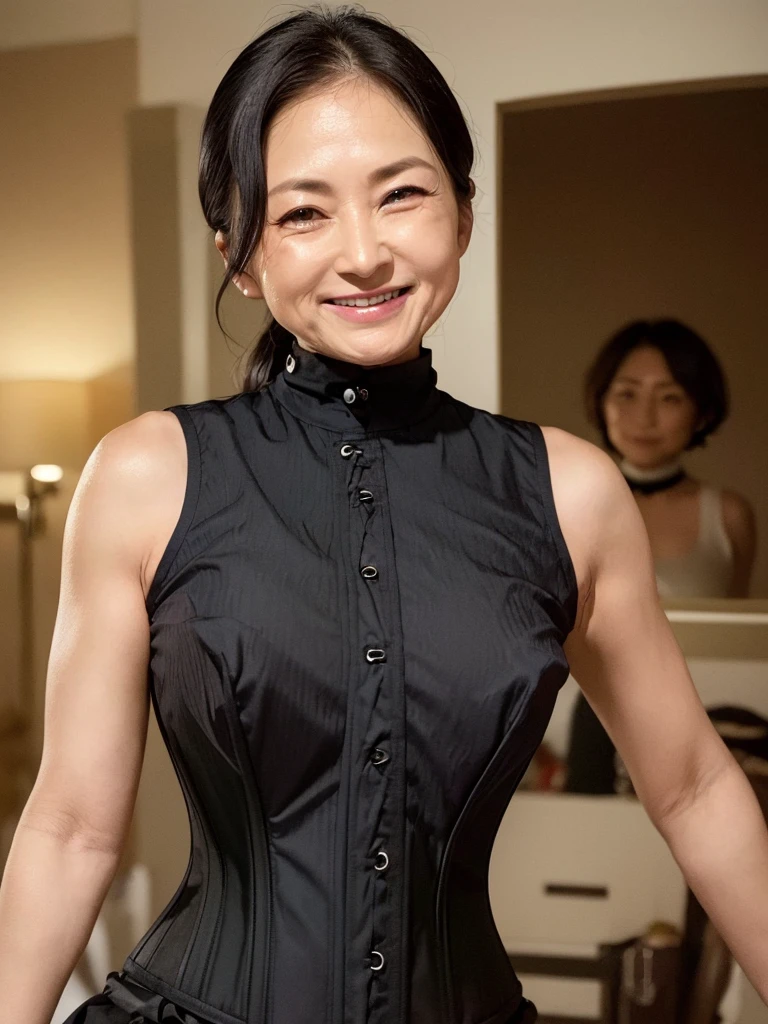 Highest quality、masterpiece、8k、Very detailed、Realistic、(One woman)、(Looking at me with a smile:1.5)、(50 years old:1.5),、(Wrinkles around the eyes:1.5)、(Wrinkles around the mouth:1.2)、(whole body)、Black Hair、Small face、Short Hair、(Slender:1.2)、(Big Breasts:1.3)、(Erect nipples:1.2)、(A sleeveless, tight-fitting black shirt with buttons and a collar:1.2)、(Short tight skirt:1.2)、(Underbust corset:1.3)