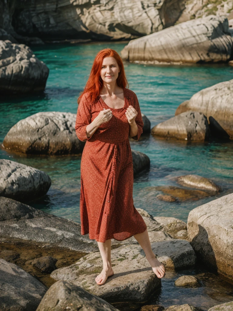 RAW PHOTO, her name is Sophia, high quality, 1 old woman, (((40-year-old irish woman))), (40 years old), (guitar shaped body) milf, (((red hair))), (pale skin), (green eyes), she is wearing a flowy sundress, dynamic pose, BREAK, BACKGROUND: outdoor: Nestled between two rocky outcrops, a serene cove offers a peaceful retreat.