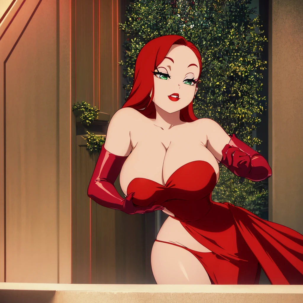 JessicaWaifu, Massive , elbow gloves, green eyes), Massive and Deep cleavage, red lips, (strapless dress) (red hair) (red dress), ((She has a mature figure, her cleavage is Massive and Deep)) b