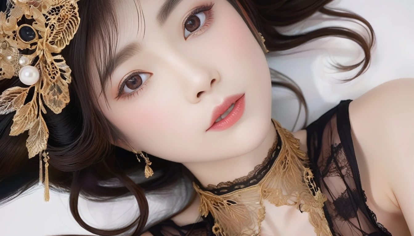 Eyes are very fragile,Exquisite hair color,(Glowing skin:1.2)((Black and Gold Sheer Lace Dress)),huge ,Too much,Large and droopy,Big song big , (((masterpiece))), ((best quality)), ((Intricate details)), ((Surrealism))