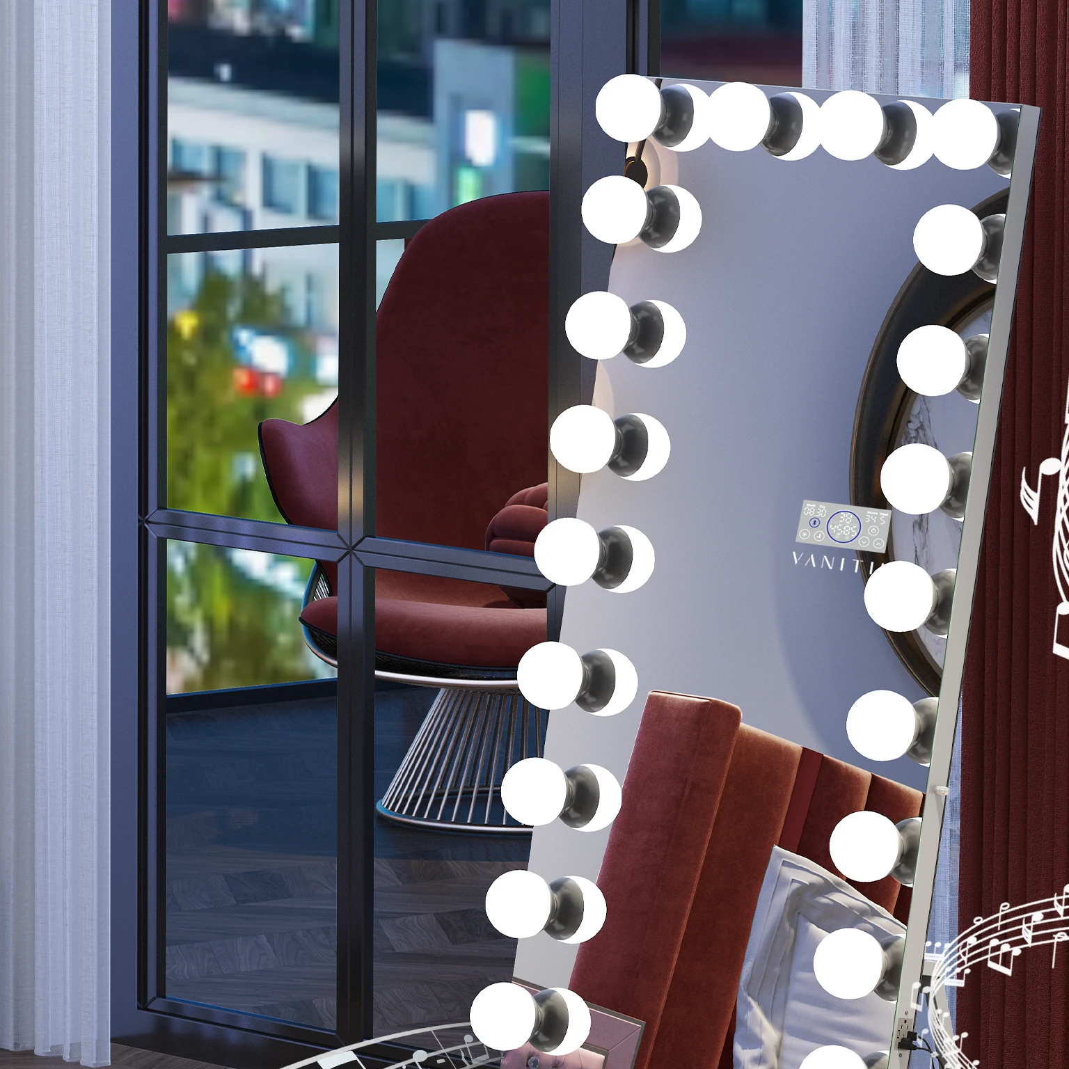 There is a mirror,There are notes on it,And a chair, Portraits, Digital Artwork, Bottom Angle, Realistic and lifelike images, Equipped with professional lighting, Accent Lighting, Professional artist, Detailed wide angle shot, exclusive, Realistic lighting, Studio shot, Rendering, Scene View, Lighting side view, Studio Quality, 3D 产品Rendering, Surrealism