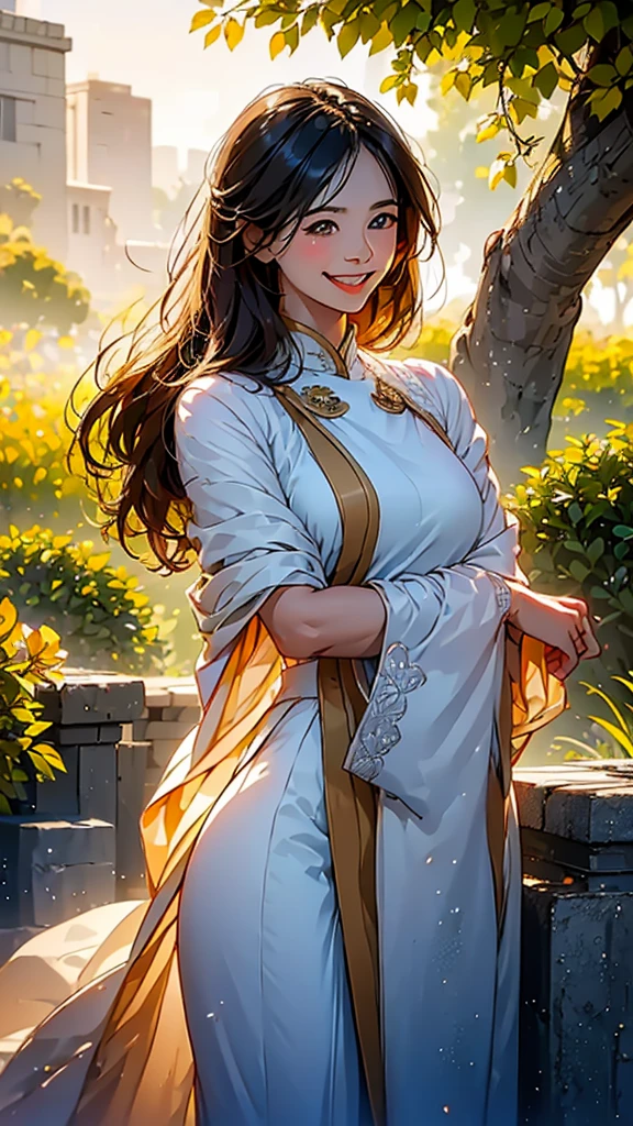 (in 8K、top-quality、​masterpiece:1.2)、One woman、(Smiling smile:1.1)、beautidful eyes、Valley、The upper part of the body、length hair、Like a boy、Longhaire、Gold View、