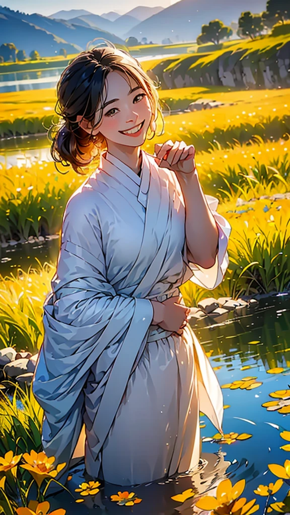 (in 8K、top-quality、masterpiece:1.2)、One woman、(Smiling smile:1.1)、beautidful eyes、Valley、The upper part of the body、length hair、Like a boy、Longhaire、Gold View、
