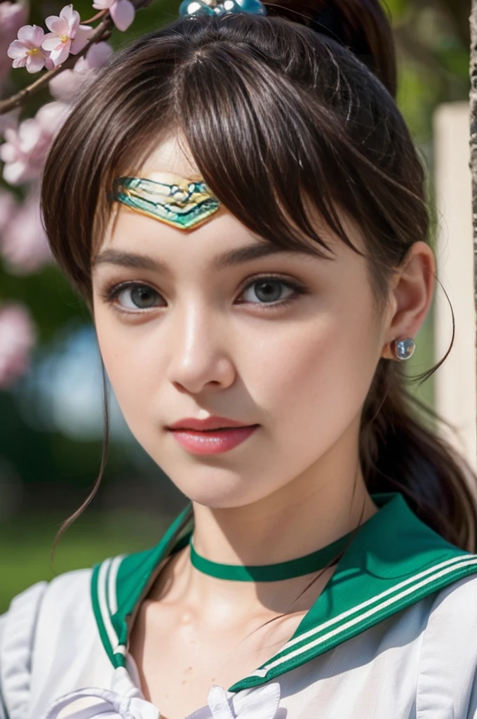 (masterpiece, Highest quality:1.4), (whole body:1.5), One girl, alone, Ham Jupiter, (Green Eyes), ponytail, (tiara:1.2), jewelry, (Sailor Warrior Uniform:1.5), Green sailor collar, choker, Elbow hand pockets, White gloves, Pink ribbon, brooch, White leotard, Green Skirt, Pleated skirt:1), Beautiful Face, Highly detailed face, Highly detailed eyes, Highly detailed skin, Skin pores, Scattered beneath the surface, Realistic pupils, Mid-chest, Sexy smile, Blush all over face, Fuller lips, Cherry blossom tree background, Scattered beneath the surface, Detailed Background, Depth of written boundary, Volumetric lighting, Sharp focus, Absurd, Realistic proportions, Excellent anatomy, (Realistic, hyperRealistic:1.4), 16k hdr,