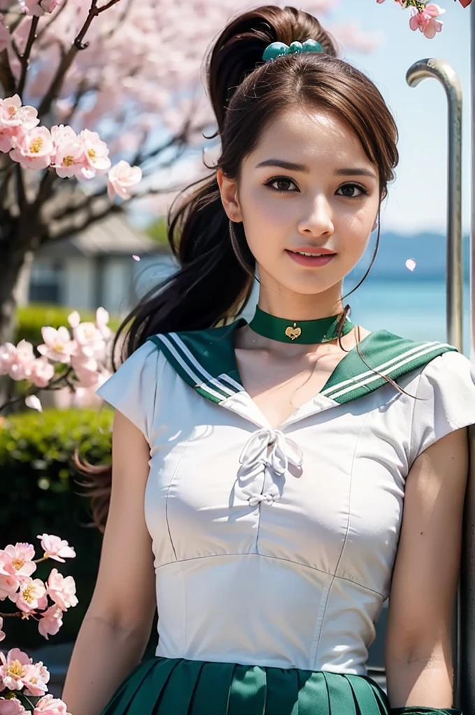 (masterpiece, Highest quality:1.4), (whole body:1.5), One girl, alone, Ham Jupiter, (Green Eyes), ponytail, (tiara:1.2), jewelry, (Sailor Warrior Uniform:1.5), Green sailor collar, choker, Elbow hand pockets, White gloves, Pink ribbon, brooch, White leotard, Green Skirt, Pleated skirt:1), Beautiful Face, Highly detailed face, Highly detailed eyes, Highly detailed skin, Skin pores, Scattered beneath the surface, Realistic pupils, Mid-chest, Sexy smile, Blush all over face, Fuller lips, Cherry blossom tree background, Scattered beneath the surface, Detailed Background, Depth of written boundary, Volumetric lighting, Sharp focus, Absurd, Realistic proportions, Excellent ???????, (Realistic, hyperRealistic:1.4), 16k hdr,
