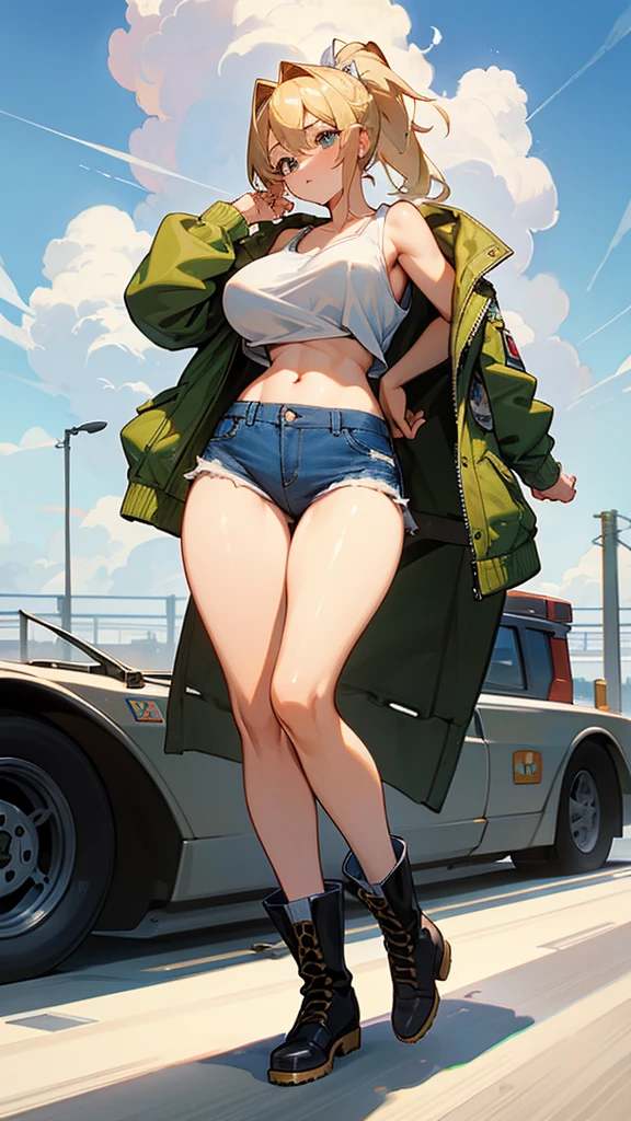 high resolution、high quality、masterpiece、detailed、Blonde、ponytail、Large white ribbon、White tank top、Open your chest wide、Burstingly Big Breasts、Put on your Air Force jacket、Belly button exposed、High leg cut jeans、Bare legs、Thick-soled boots、highway、blue sky、cumulonimbus、