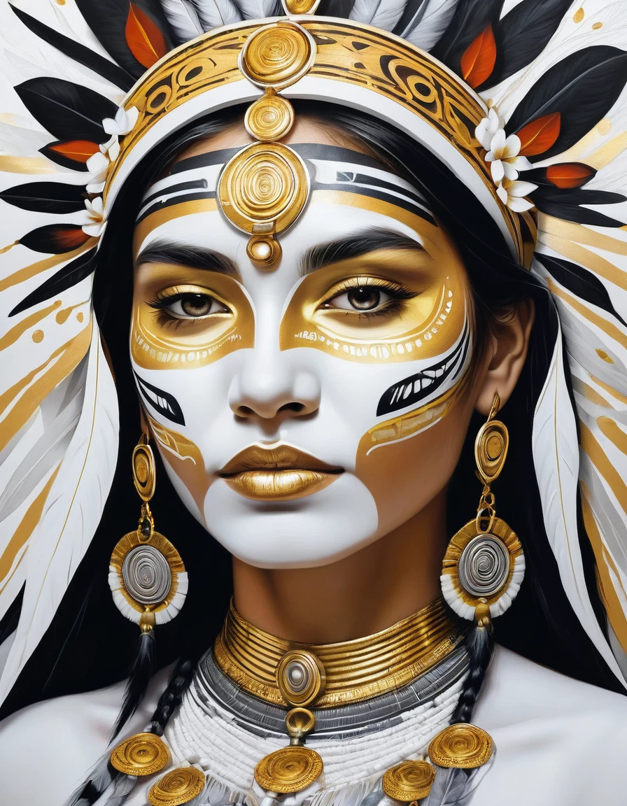 Face with indigenous paintings in white colors, flourishing, gold and silver