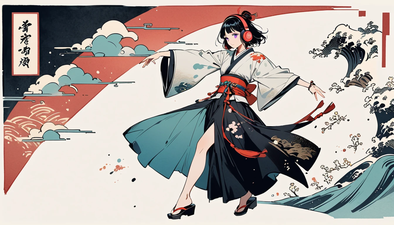 whole body, dance, Purple Eyes, Ink Painting, 1 girl, tattoo, Japanese style headphones, beautiful girl, Black Hair, peace, Delicate and precise, Modern ukiyo-e style, Multicolored background