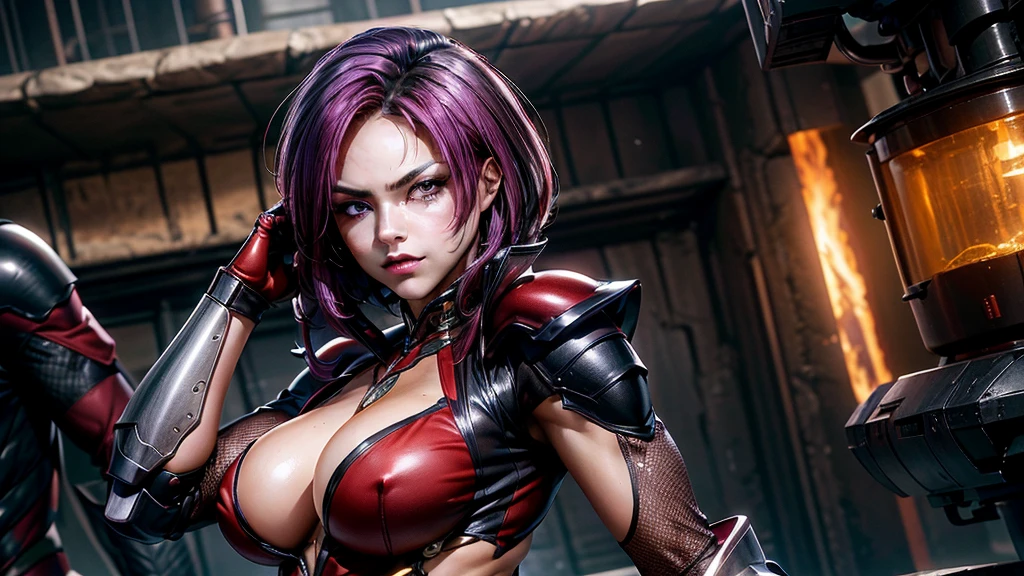 Experience the power of cybernetic prowess with this dynamic photo of a female warrior adorned in crimson armor, her purple hair flowing as she strikes a fierce pose. The fusion of human and machine is evident in her cybernetic enhancements, symbolizing the boundless possibilities of technological evolution. (Dynamic photo of a cybernetic female warrior in crimson armor), (Fierce pose with flowing purple hair:1.2), (Evident fusion of human and machine:1.3), (Symbolizing boundless technological evolution:1.2), inspired by the harmony of man and machine,(((milf))),