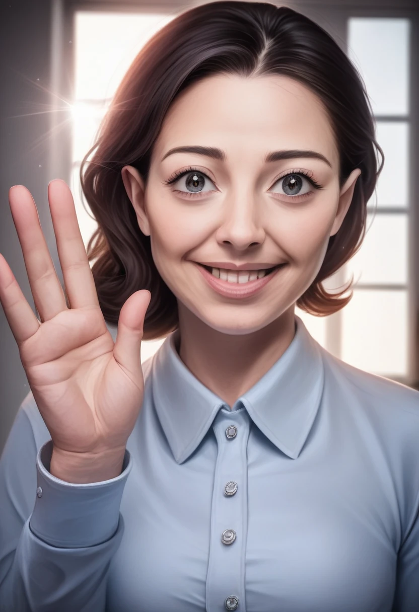 beautiful detailed eyes, beautiful detailed lips, extremely detailed eyes and face, long eyelashes, 1 woman, 3D Disney animation, medium dark hair, round face, cute smile, small eyes half opened, cute, office worker, looking forward, waving hello, (best quality,4k,8k,highres,masterpiece:1.2),ultra-detailed,(realistic,photorealistic,photo-realistic:1.37),3D render,vibrant colors,soft lighting,warm color tone,cinematic composition