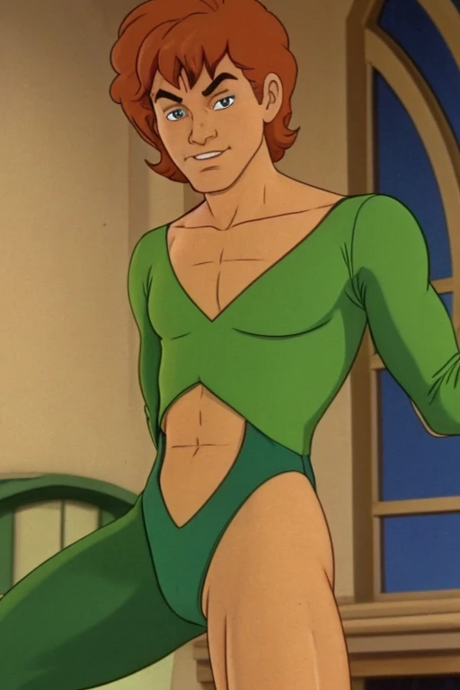 a redhead cartoon character dressed in a green leotard, pole dancing, very muscular, a young male wizard, 1980s cartoon, animated episode still, ((Bedroom)), Presto (((mad)))