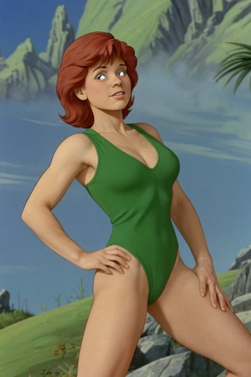 a redhead cartoon character dressed in a green leotard, very muscular, a young male wizard, 1980s cartoon, animated episode still, Presto (((mad)))