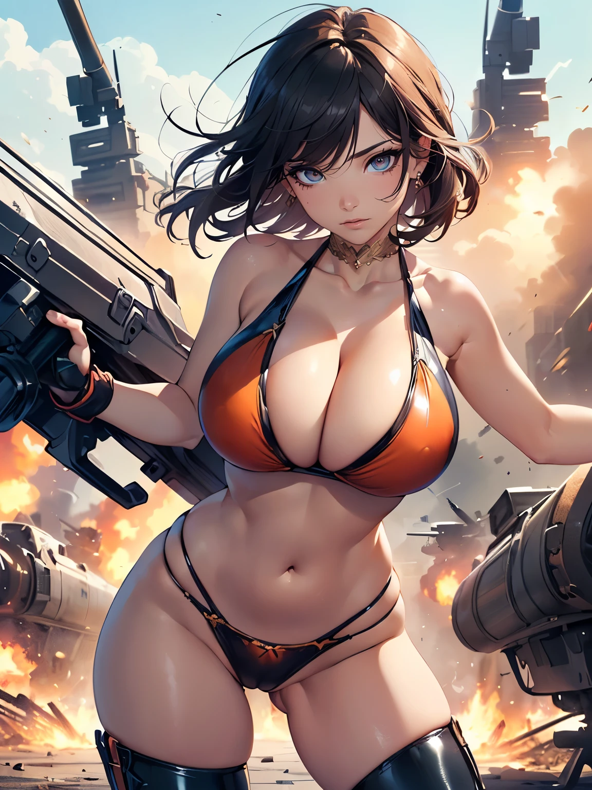 ((1 lady))、Seductive Anime Girl, Meticulously drawn hair, Meticulously drawn eye, Precise human body structure、((Combative posing:1.5)), ((Holding a big Heavy artillery:1.6, armament:1.3))、((dynamism:1.3))、((dynamic angle:1.2))、((Hover effect:1.4)), ((Being in battle field:1.2))、((latex micro bikini:1.3 crop top:1.3))、((sleeveless))、((cleavage:1.3))、((crop top navel))、((highleg:1.3))、((huge breasts:1.3))、((huge hip:1.3))、((thick thighs))、curvy、((collarbone))、((cameltoe))、((Glossy realistic skin texture))、((shiny skin))、((Meticulously drawn hands:1.2))、masterpiece, ultra-detailliert, 8k, hiquality, Top image quality, Smooth texture、watercolor