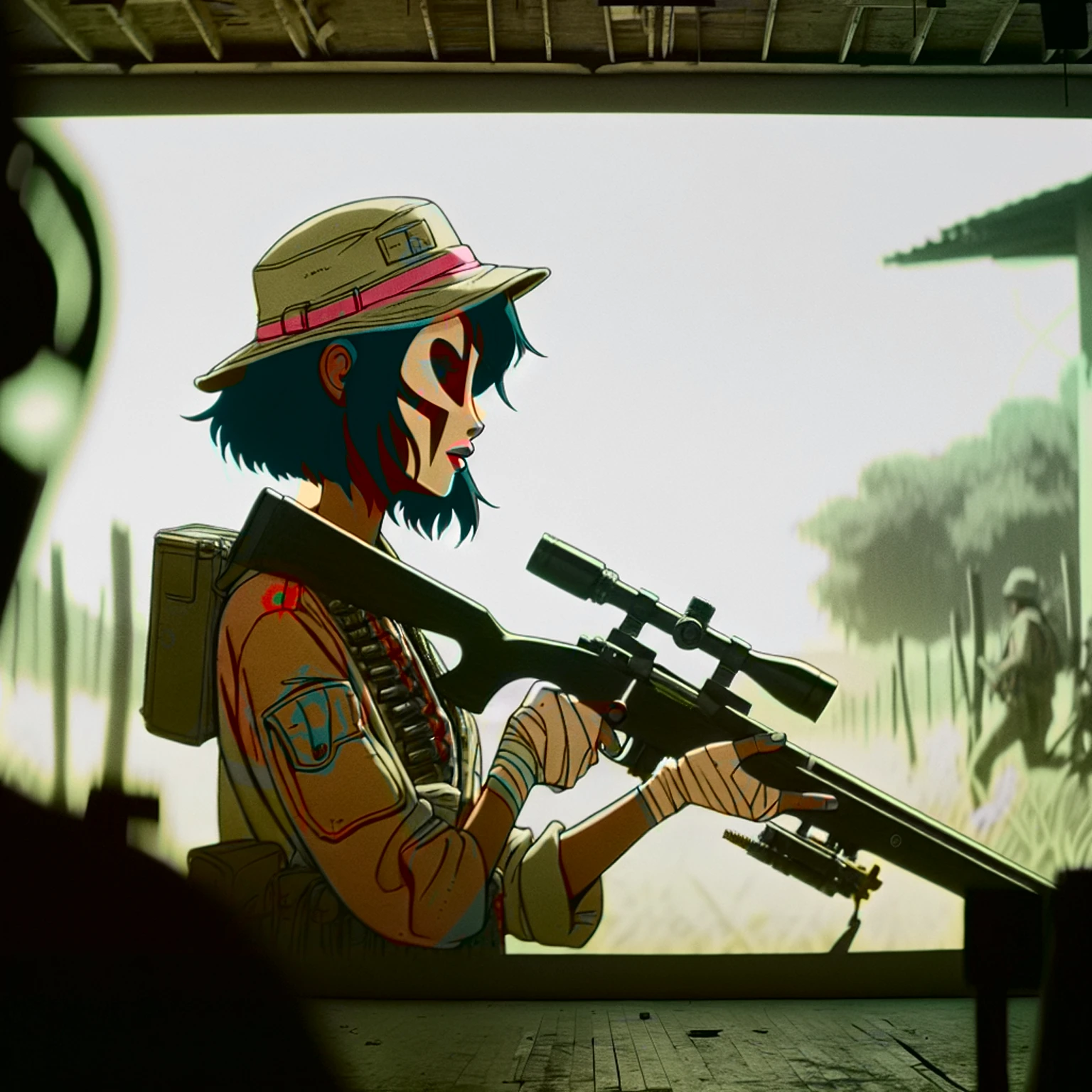 heat, haze, mirage, refraction, hallucination, apparition, unsettling, overwhelming, tank girl, film screengrab, minimal, serene, perfect, strange, candid, cinematic, tank girl with sniper rifle, realism, photographed, timeless, blank canvas, nuanced, clearly cartoon distinct tank girl style aesthetics,