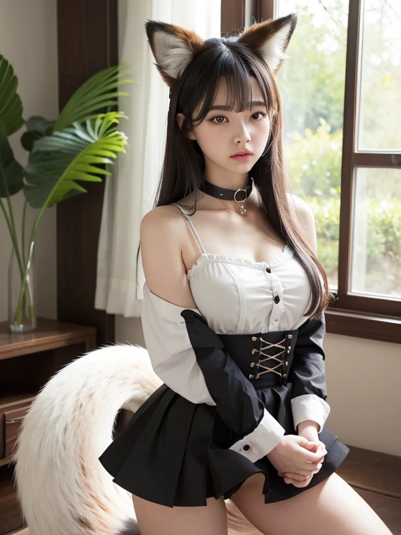 ((Highest quality)), ((masterpiece)), (Familiar), Perfect Face, fox lady, Pretty girl, Fox Ears, Fox tail, She has a northern fox tail, She wags her fluffy tail, She is a pretty maid, Beautiful hip line, Thick thighs, One big tail, A tail protruding from under the skirt, Nice body, Shyly showing off his tail, Only one tail, Troubled face, cat collar