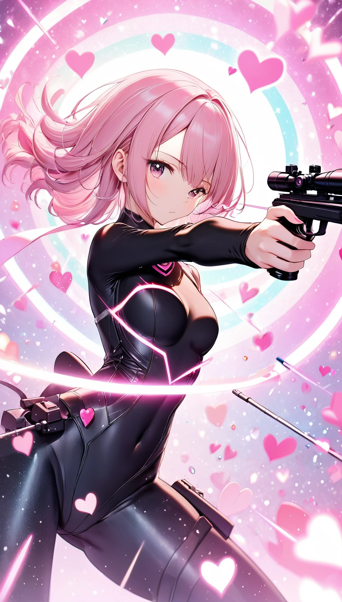 beautiful woman, black bodysuit, beam rifle that shoots pink hearts, aiming at the target, shooting, glitter effect, pastel color effect, 2.5D, delicate and dynamic