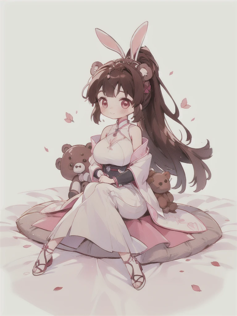 good quality, Cute light-skinned baby,chibi anime,chibi, Long brown hair,High Ponytail,((A pair of bunny ears hair accessories)),Shouhui,cute,Pink Eyes,(((full body))),((Sitting on the bed)),((Hugging brown teddy bear)),Huge teddy bear,Teddy bear as tall as a human,revel,独奏,Falling pink petals,White long skirt,revel,Long skirt,Silver pattern,1girl,Bare legs,big breast,cleavage,Bright colors,Solid color background,Black edge line,White background,Solid color background,jewelry,Jewelry