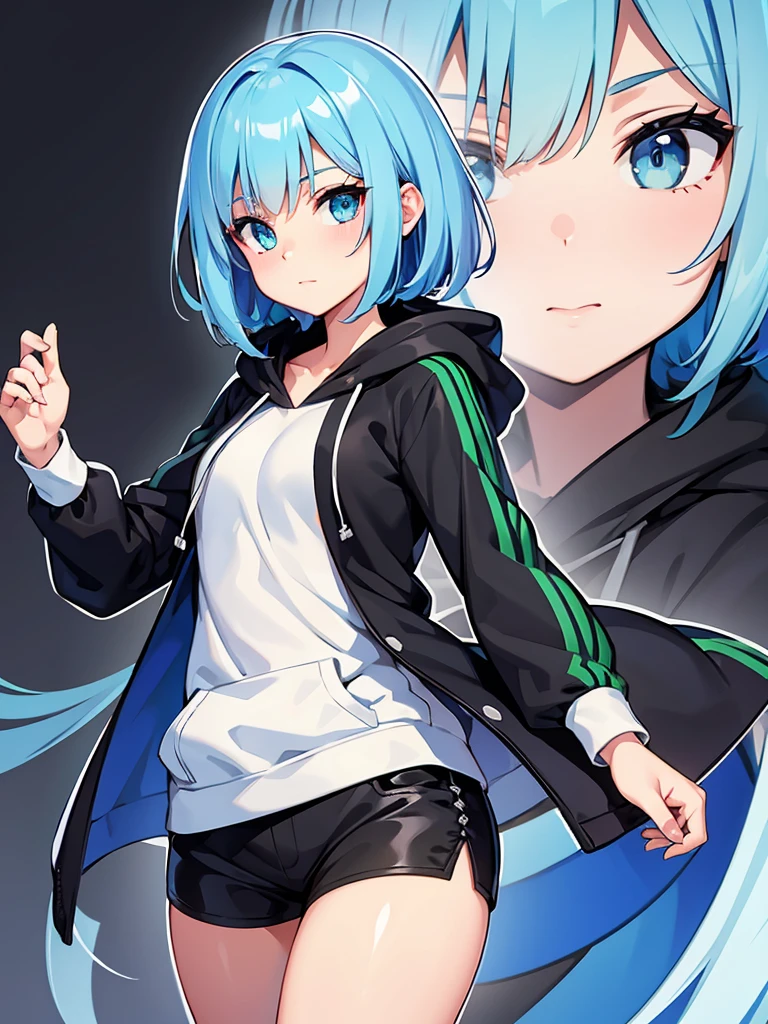 Masterpiece,High Quality,(Full Length 1.2),Animated Standing, Black Shorts,(Black and White Open Hoodie),Black Open Hoodie,(Green Hair 1.4),Animated Girl with short green hair and green eyes,(Detailed Eyes 1.6),(Clear Eyes 1.4),(Beautiful Eyes 1.4),(Shining Eyes 1 .4), White cyan, Green hair, Detailed key animated art, Animated portrait, Shining eyes, Blue haired girl, Blue light hair, Black shorts, White stockings, Thighs, 4K