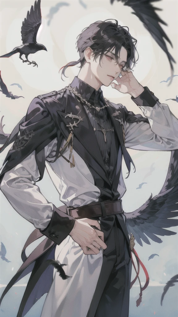 man, side face, wings white behind him, angel, left hand on his head, evil, crows