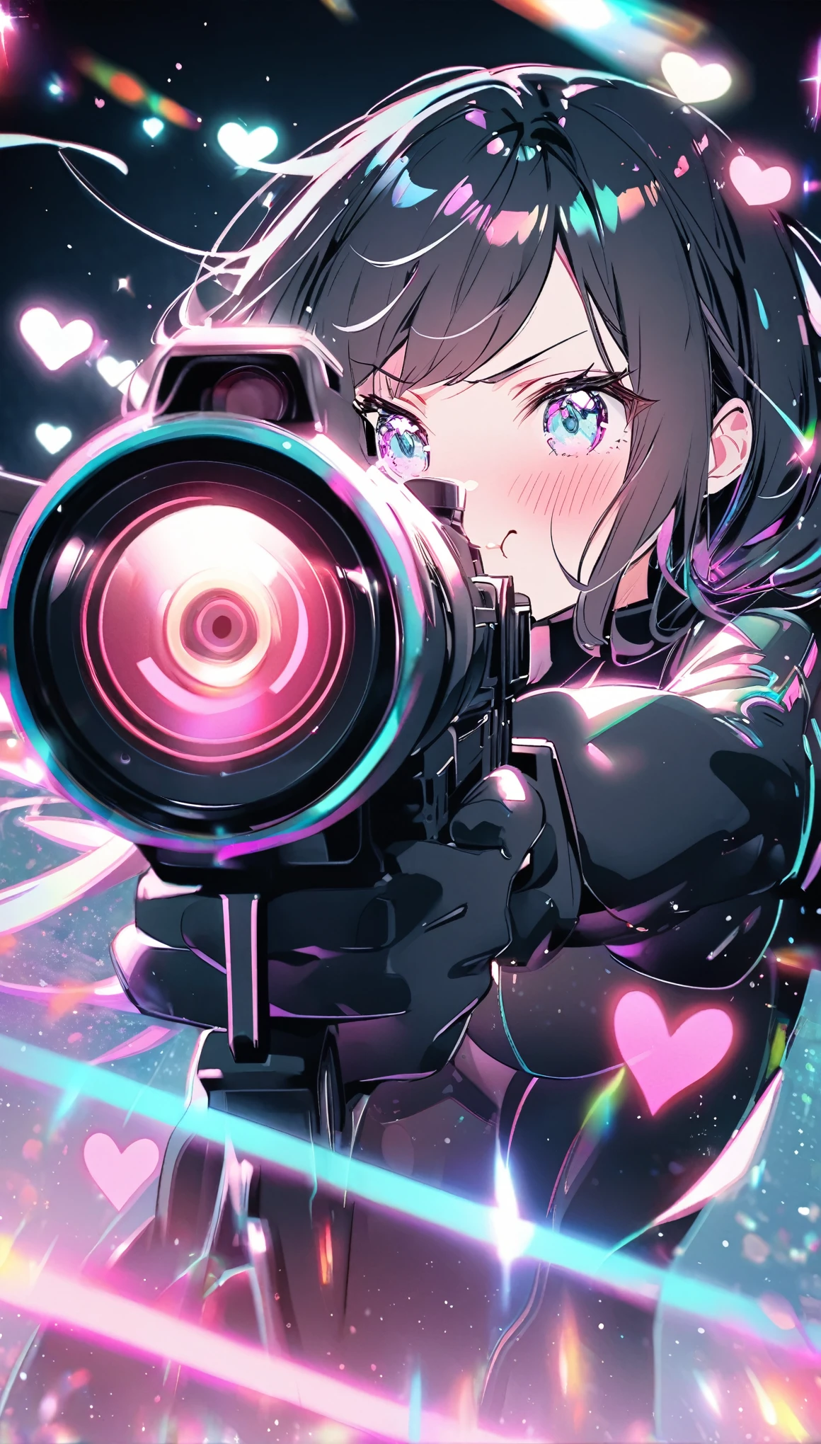 beautiful woman, black bodysuit, beam rifle that shoots pink hearts, aiming at the target, shooting, blushing cheeks, sharp gaze, glitter effect, pastel color effect, 2.5D, delicate and dynamic