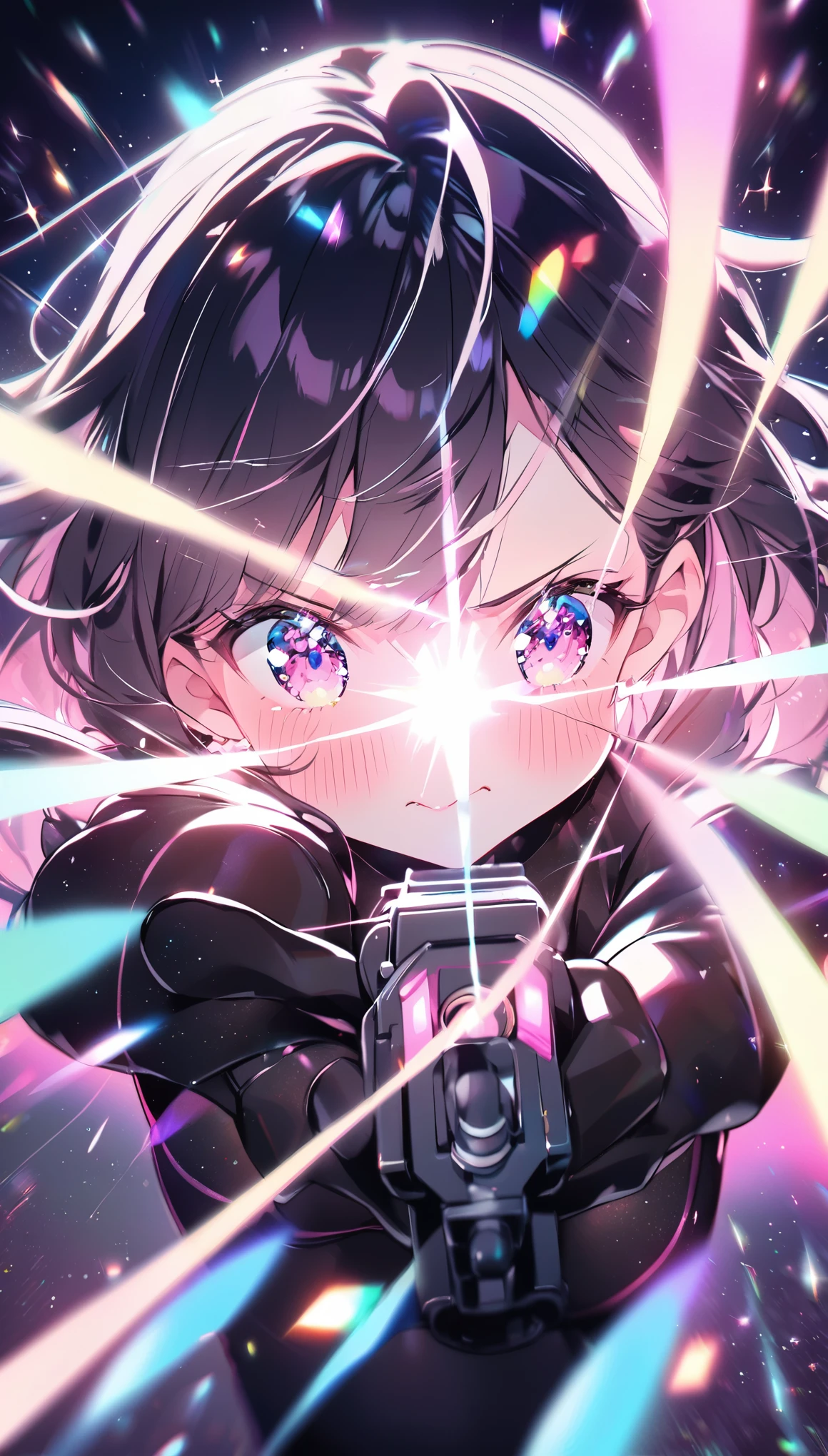 beautiful woman, black bodysuit, beam rifle that shoots pink hearts, aiming at the target, shooting, blushing cheeks, sharp gaze, glitter effect, pastel color effect, 2.5D, delicate and dynamic