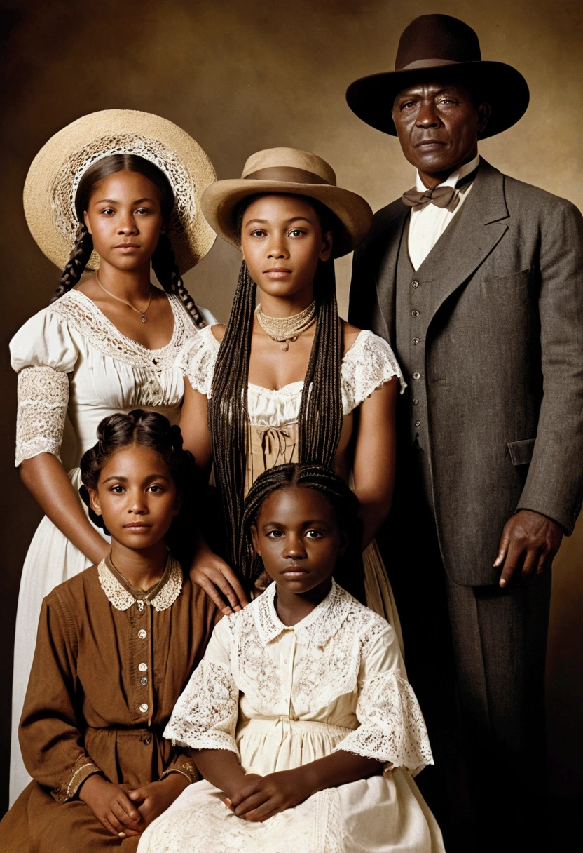 restored old photograph of an African-American family with a young African woman, long braided hair, darkskin, western film character, Sexy girl with brown eyes, 精致的面容, she is wearing a hat and is in a saloom, ultra realist, meticulously detailed, wearing period clothes with white lace. she is holding a winchester. The image is a photograph with grandfather, grandmother, Baba, mother and brothers