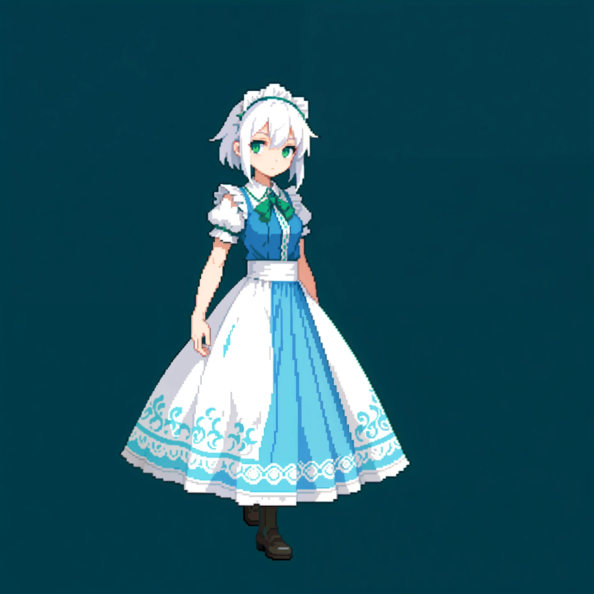 (masterpiece, top quality, best quality), pixel, pixel art, 1girl, full body, white hair, green eyes, blue maid dress