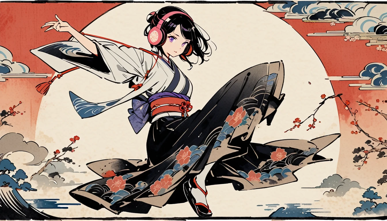 whole body, dance, Purple Eyes, Ink Painting, 1 girl, tattoo, Japanese style headphones, beautiful girl, Black Hair, peace, Delicate and precise, Modern ukiyo-e style, Multicolored background