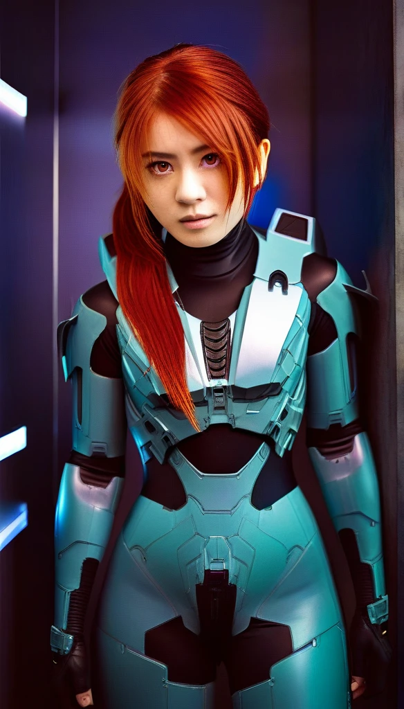 1 Girl、((glowing eyes, red eyes)), Medium Bust、solo、red Hair、Braid、Mobile Race Suit、Shoulder Armor、ceiling、Wide Shot、Looking Ahead、zipup suit 、Closed Mouth、Highest quality、medium quality、22 years old、Mobile Trace System、cockpit、Asian、CyborgCosplay
