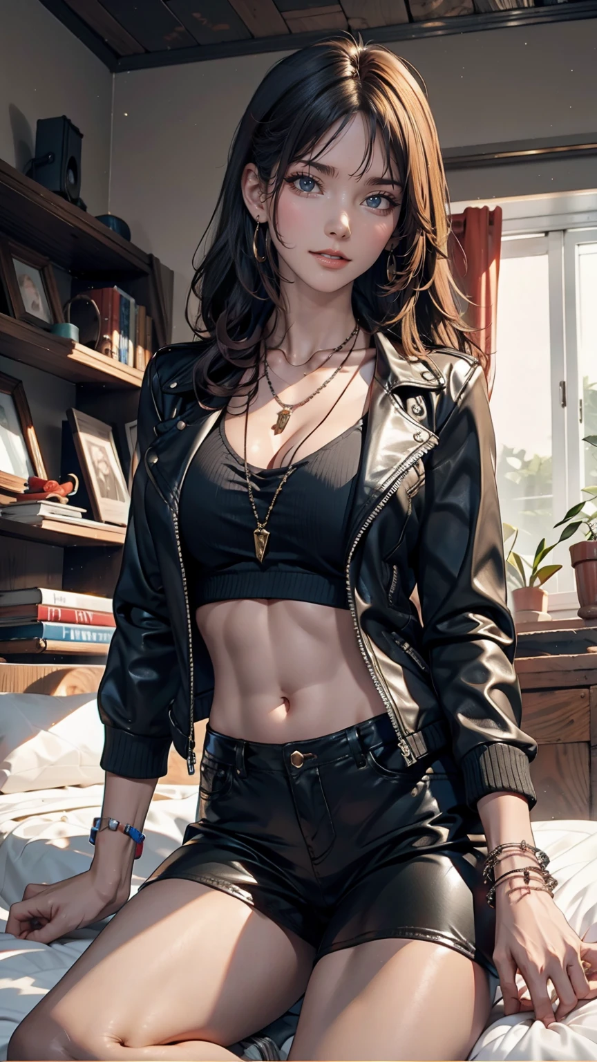 mouth, One girl, alone, In a messy room, guitar, 、Spiked Collar、24 year old Caucasian female、Sexy proportions、Punk rock fashion、Black Shirt、Leather jacket、Leather leggings、Flashy makeup、long hair、rosary necklace、rosary earrings、Put a spiked bracelet on your wrist