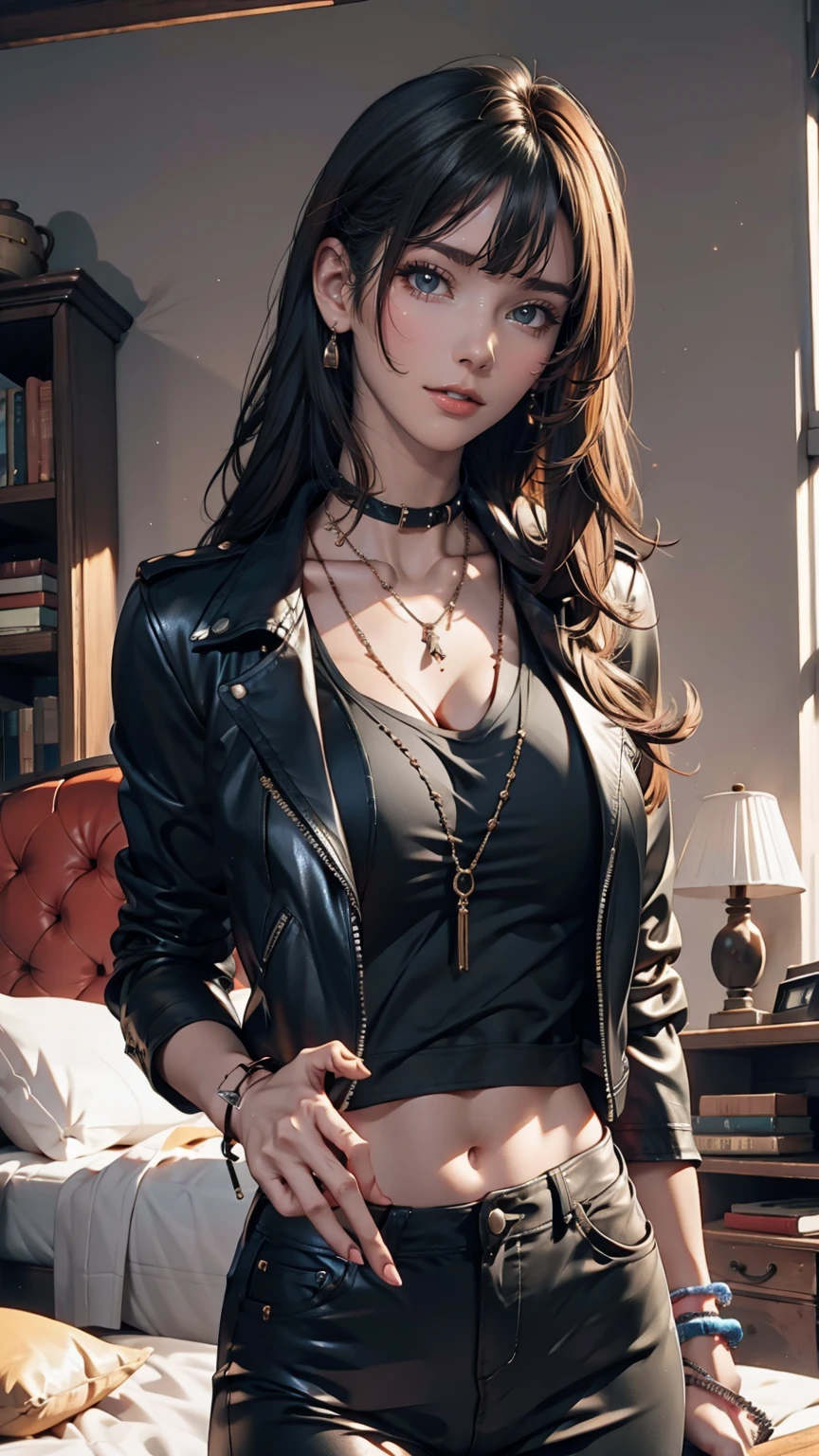 mouth, One girl, alone, In a messy room, guitar, 、Spiked Collar、24 year old Caucasian female、Sexy proportions、Punk rock fashion、Black Shirt、Leather jacket、Leather leggings、Flashy makeup、long hair、rosary necklace、rosary earrings、Put a spiked bracelet on your wrist