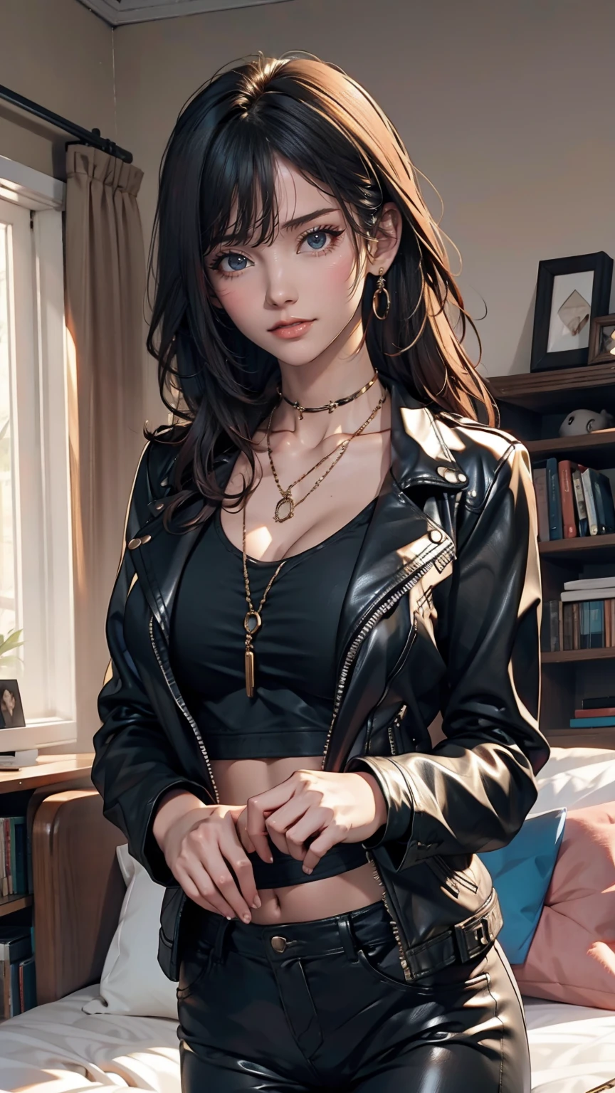 mouth, One girl, alone, In a messy room, guitar, 、Spiked Collar、24 year old Caucasian female、Sexy proportions、Punk rock fashion、Black Shirt、Leather jacket、Leather leggings、Flashy makeup、long hair、rosary necklace、rosary earrings、Put a spiked bracelet on your wrist