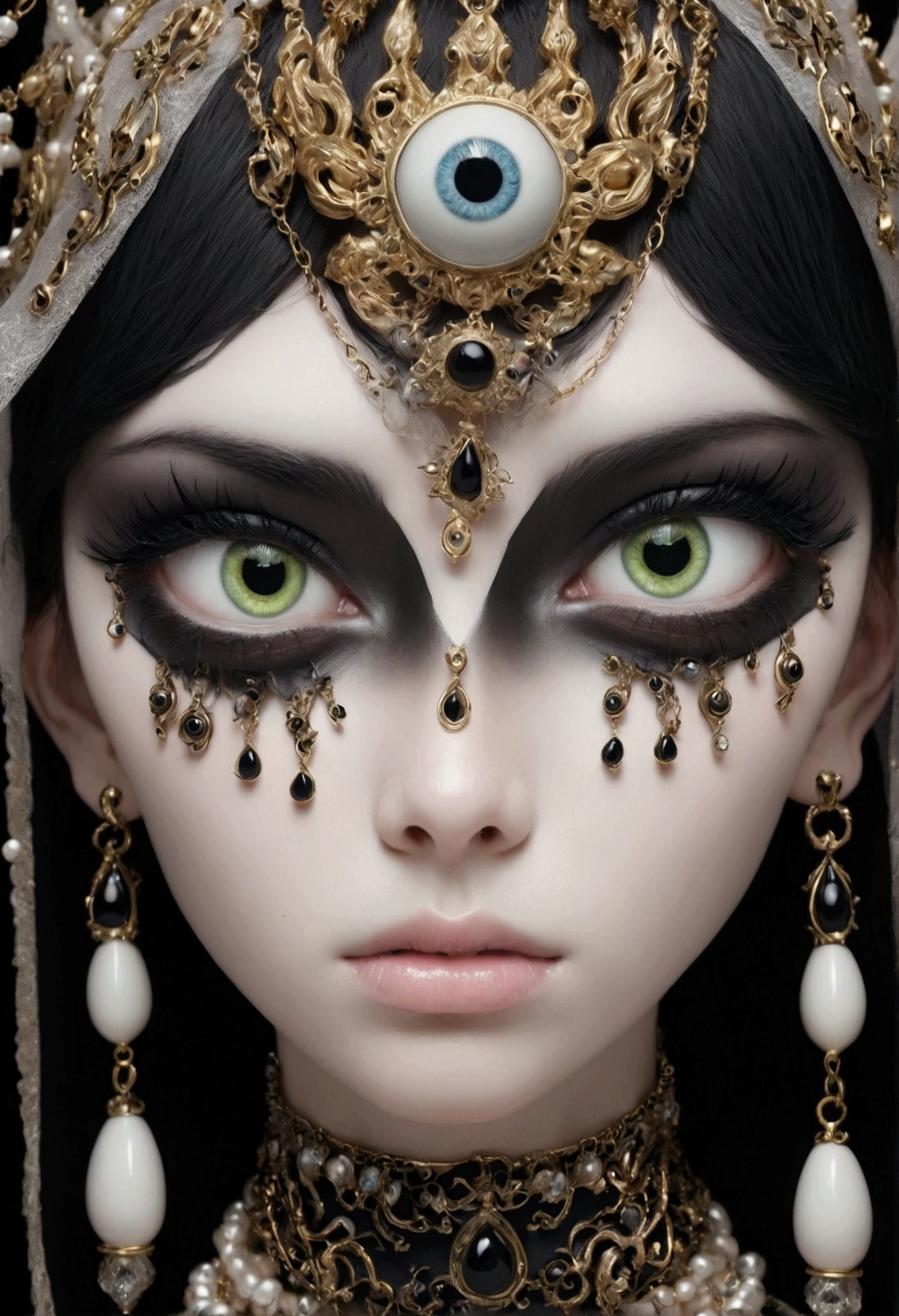 Digital Illustration，Grotesque Aesthetics：Multiple Eyes，Tears，脸上的皮肤上长着许Multiple Eyes球，Eyeball Necklace，Eyeball Crown，Realistic eyeballs，teeth，Distorted face， Solitary，black background，crown，veil，Hands touch your face，3D eye bead necklace，
