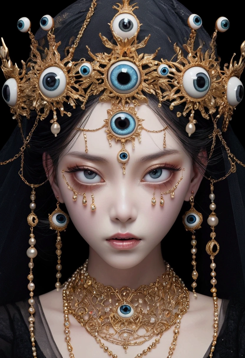 Digital Illustration，Grotesque Aesthetics：Multiple Eyes，Tears，脸上的皮肤上长着许Multiple Eyes球，Eyeball Necklace，Eyeball Crown，Realistic eyeballs，teeth，Distorted face， Solitary，black background，crown，veil，Hands touch your face，3D eye bead necklace，
