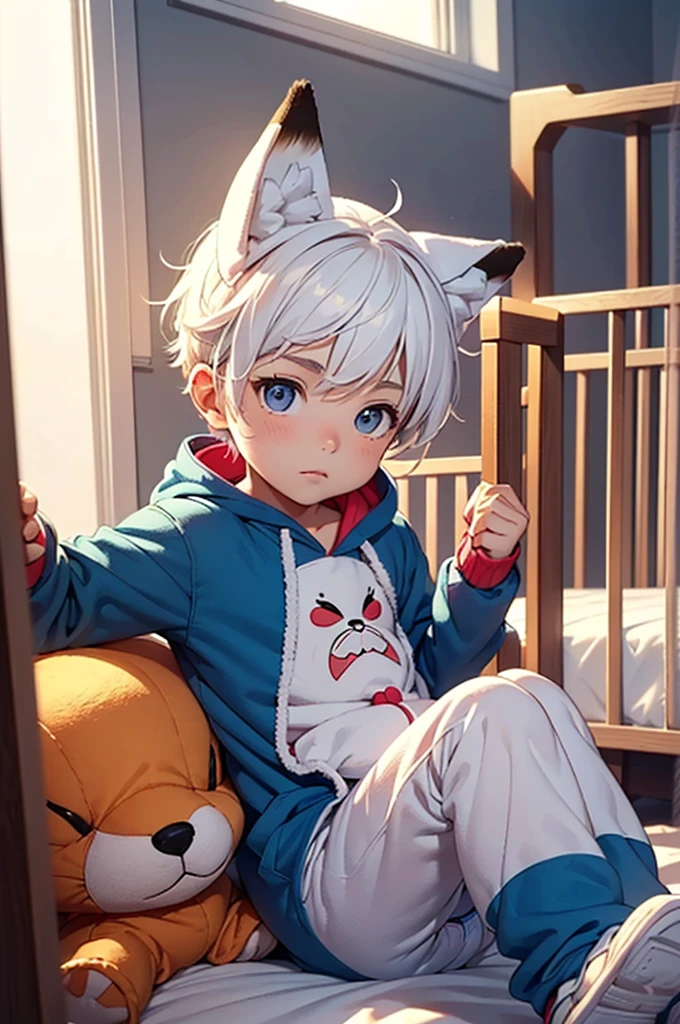 A small white haired boy suckling a pacifier, wearing a diaper and blue baby shirt,  playing with baby toys. Pacifier, baby toys, plushies, blue eyes, carpeted room, high quality, nursery room, cute 
