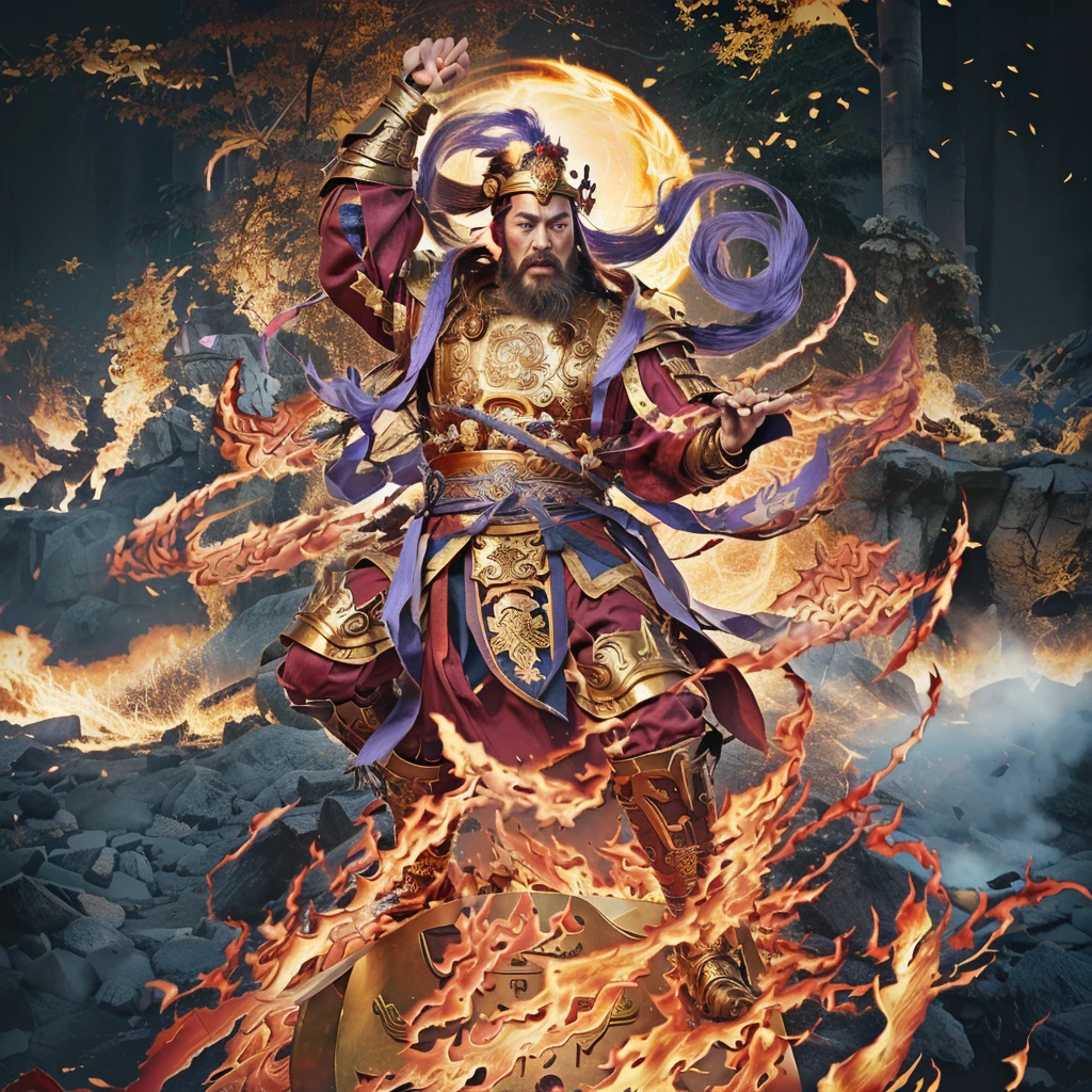 a fierce warrior, holding a golden bamboo sword, fire, asura from chinese myth, maroon beard and hair, purple deity ribbon, standing on huge golden iron wheel, 3 eyes, ancient chinese armour, taoist priest, taoist master, small crown, pointing middle finger up, open mouth,  realistic fire